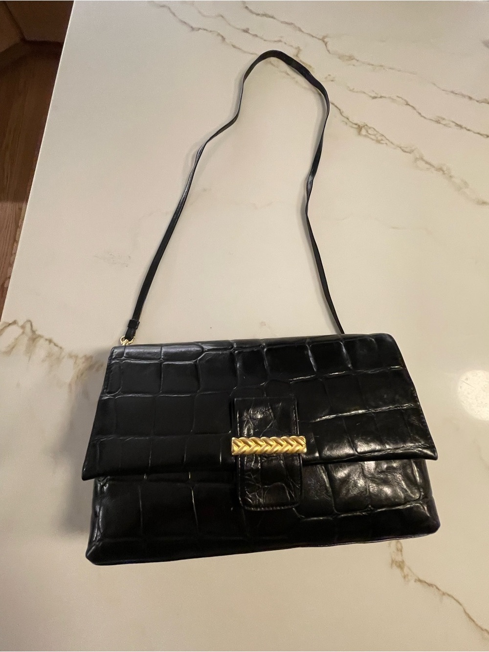And Klein Black Croc-Embossed leather Shoulder Bag with Gold Accent